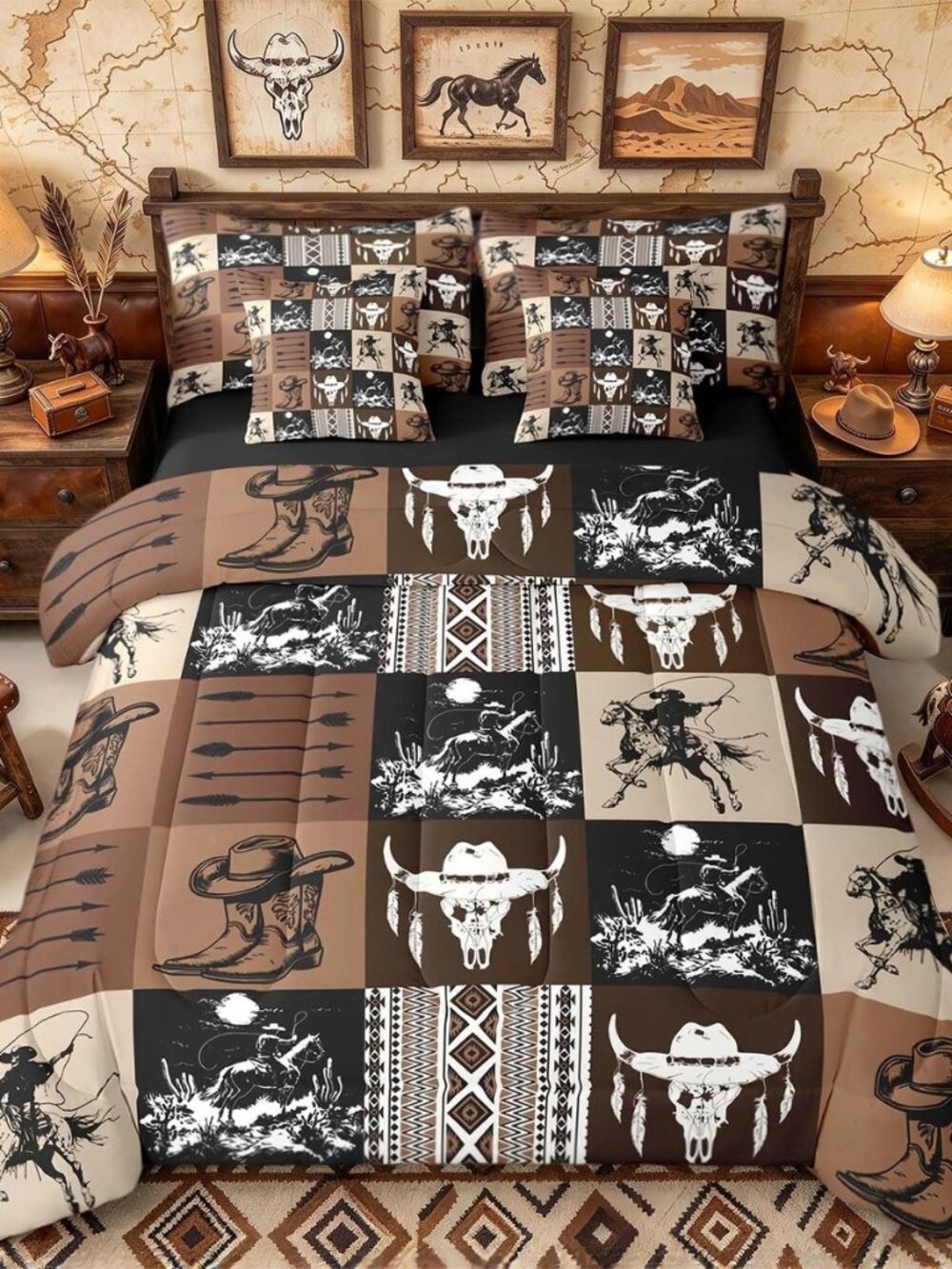 Western Cowboy Comforter Set with Sheets 7 Piece Queen Size Cowboy Bull Skull